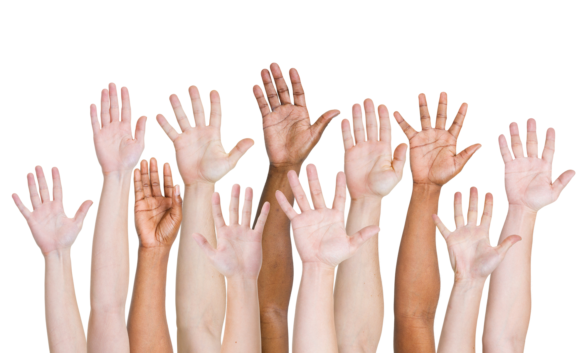 Diverse hands and forearms raised