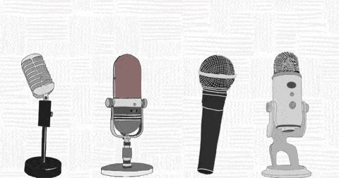 gif with various graphics of microphones and a banner saying grab a microphone and start podcasting