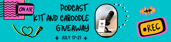 Banner with a teal background and podcasting graphics announcing Podcast Kit and scl