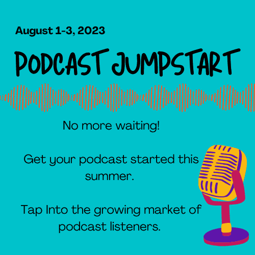 Podcast Jumpstart Graphic with teal background and podcast icons announcing product Podcast Jumpstart