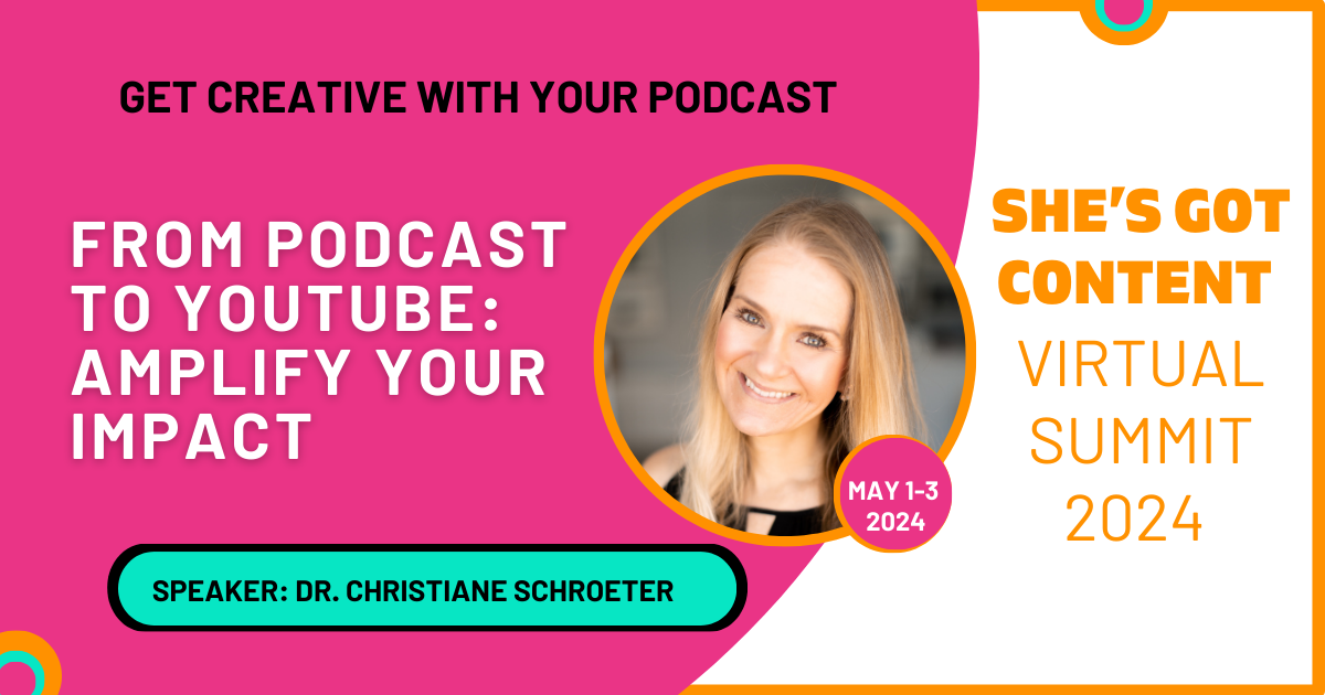 Christiane Schroeters's Interview Promotional graphic for "she's got content virtual summit 2024," featuring dr. christiane schroeter as a speaker, with details about the event and a vibrant color scheme.