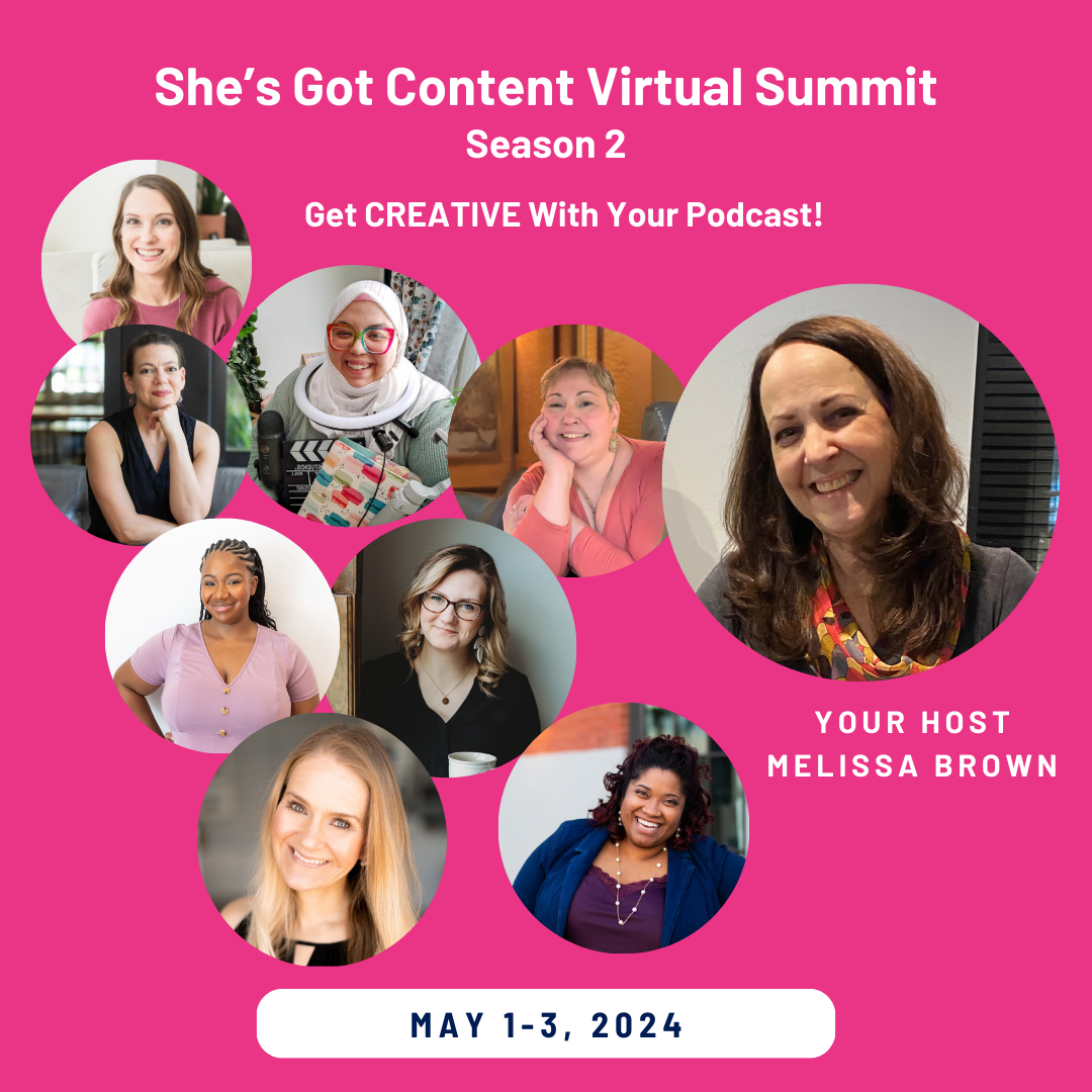 SGC Summit 2024 Season 2 Community Photo (Billboard (Square)) Promotional graphic for "she's got content virtual summit season 2," featuring a collage of diverse women speakers and host melissa brown, event dated may 1-3, 2024.