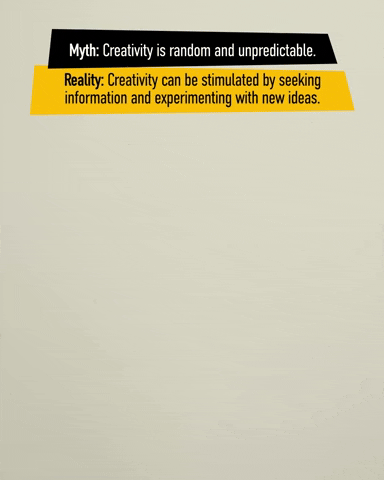 creative myths 2 Text on a yellow background debunking a myth about creativity, stating it can be stimulated by seeking information and experimenting with new ideas.