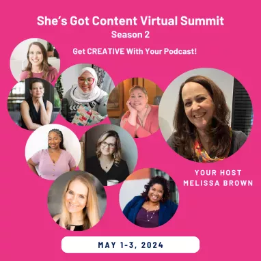 SGC Summit 2024 Season 2 Community Photo (Billboard (Square)) Promotional graphic for "she's got content virtual summit season 2," featuring a collage of diverse women speakers and host melissa brown, event dated may 1-3, 2024.