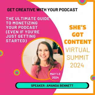 Amanda Bennett VS-2024 1080x1080 (1) Promotional image for a virtual summit on podcast monetization featuring a smiling woman speaker, amanda bennet, scheduled for may 1-3, 2024. bright, colorful graphics with text details.