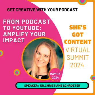 Christiane Schroeter VS-2024 1080x1080 Promotional image for a virtual summit titled "get creative with your podcast: from podcast to impact," featuring a smiling woman, dr. christy schrader, speaker, from may 1-3, 2024.